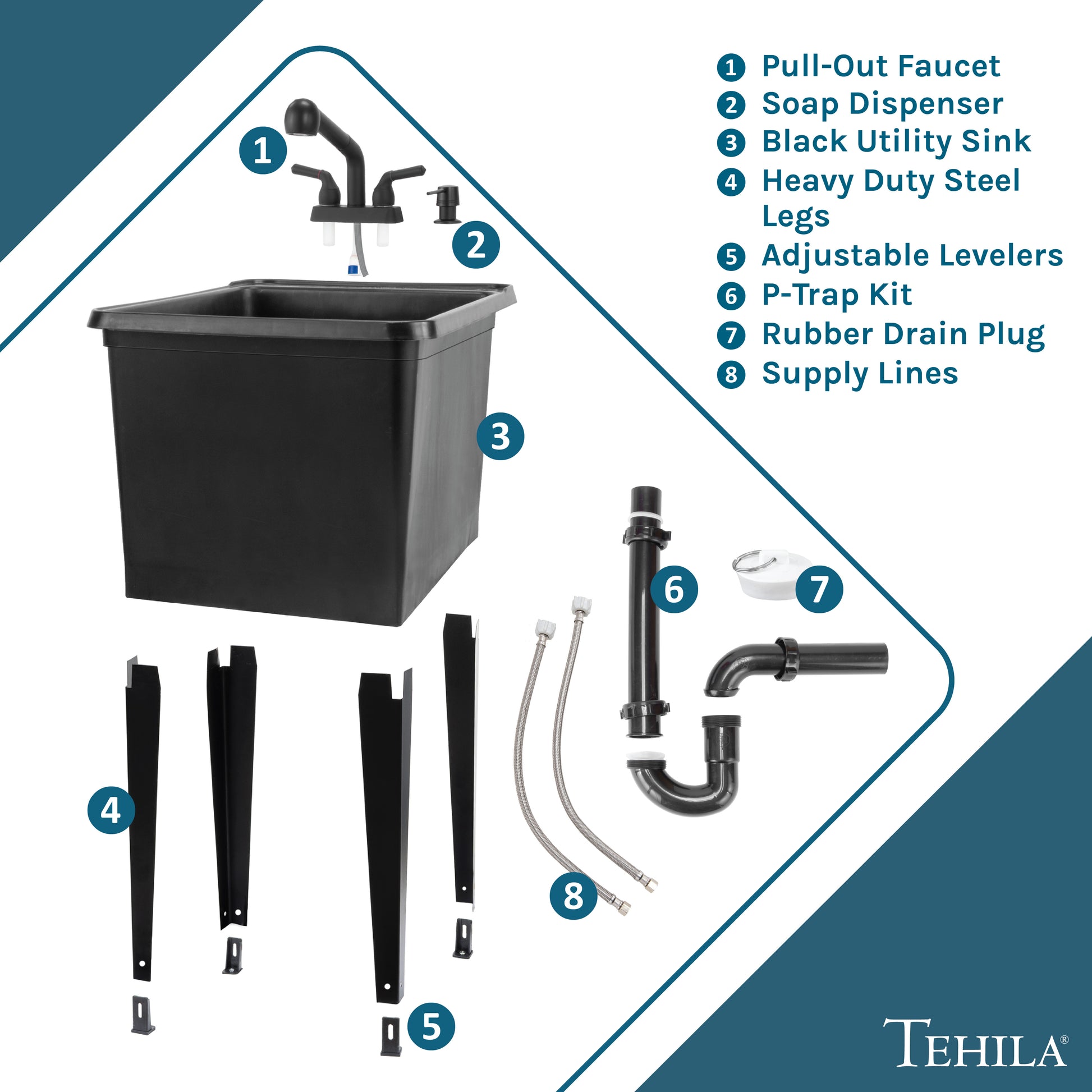 Tehila Space Saver Freestanding Black Utility Sink with Black Finish Pull-Out Faucet - Utility-Sink.com