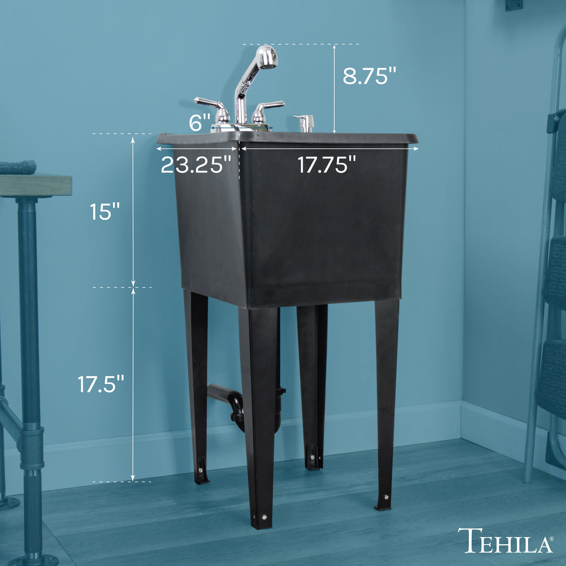 Tehila Space Saver Freestanding Black Utility Sink with Chrome Finish Pull-Out Faucet - Utility-Sink.com