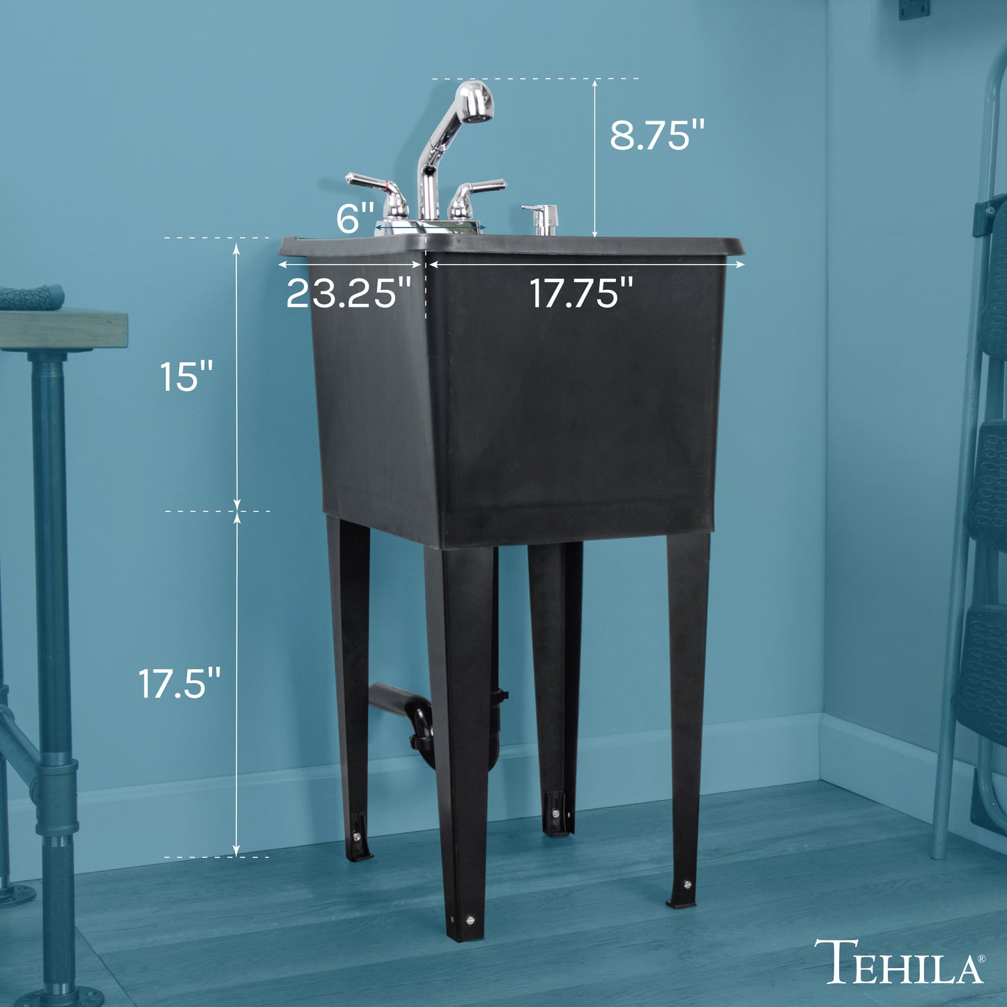 Tehila Space Saver Freestanding Black Utility Sink with Chrome Finish Pull-Out Faucet - Utility-Sink.com