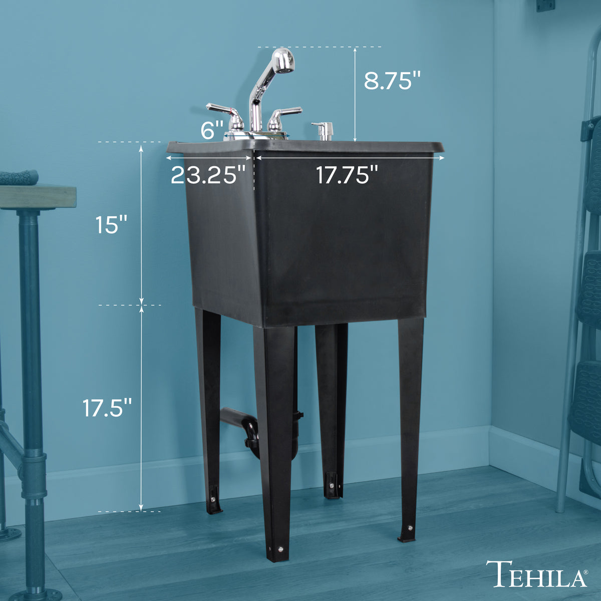Tehila Space Saver Freestanding Black Utility Sink with Chrome Finish Pull-Out Faucet - Utility-Sink.com