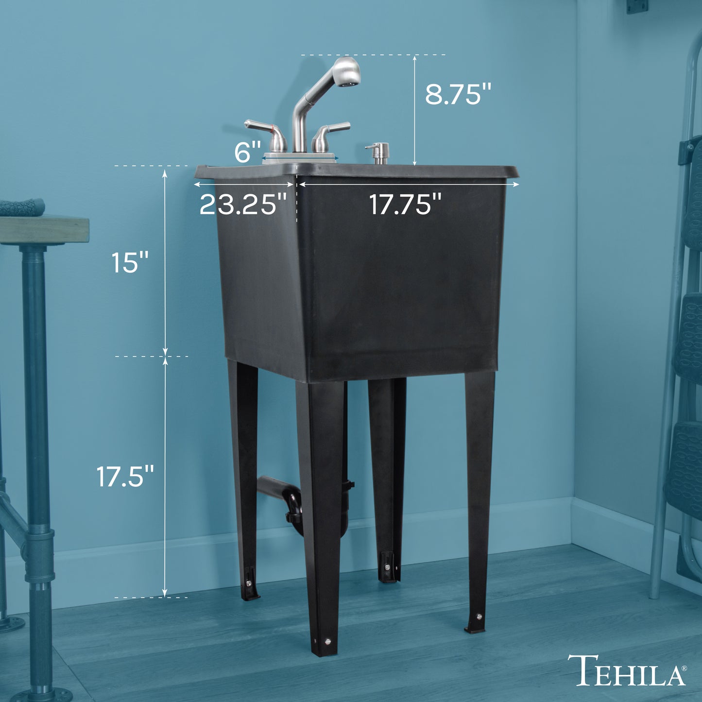Tehila Space Saver Freestanding Black Utility Sink with Stainless Steel Finish Pull-Out Faucet - Utility-Sink.com