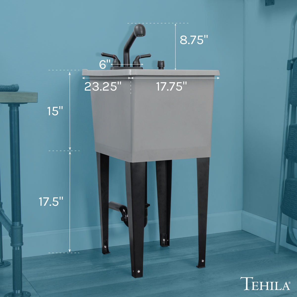 Tehila Space Saver Freestanding Grey Utility Sink with Black Finish Pull-Out Faucet - Utility-Sink.com