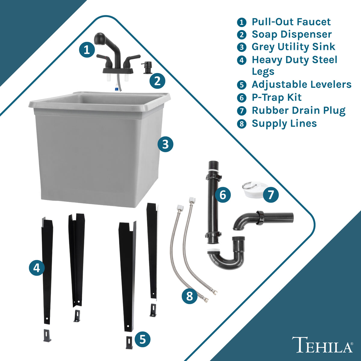 Tehila Space Saver Freestanding Grey Utility Sink with Black Finish Pull-Out Faucet - Utility-Sink.com