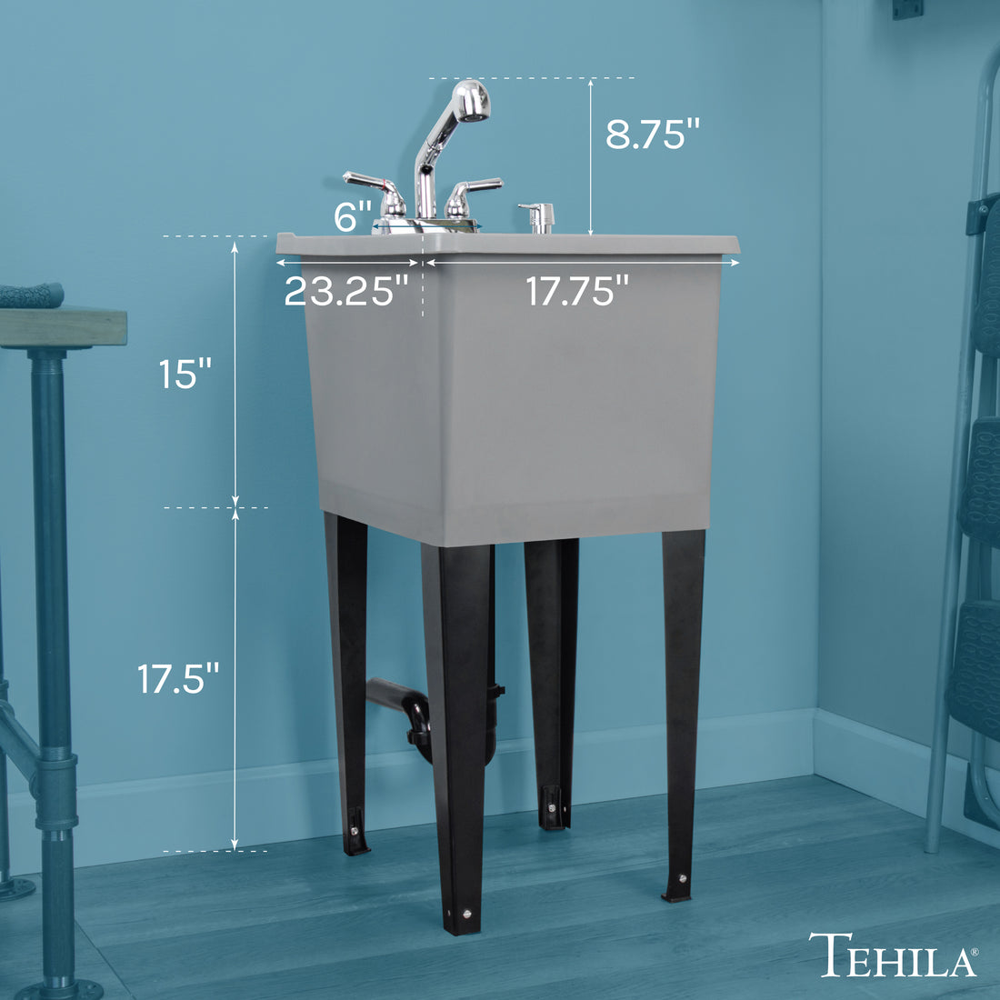 Tehila Space Saver Freestanding Grey Utility Sink with Chrome Finish Pull-Out Faucet - Utility-Sink.com