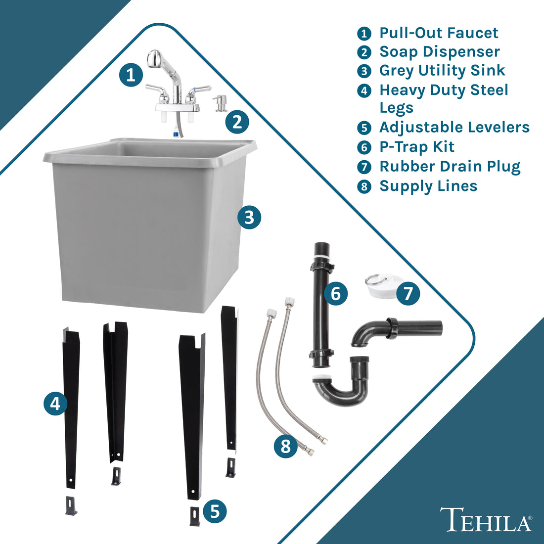 Tehila Space Saver Freestanding Grey Utility Sink with Chrome Finish Pull-Out Faucet - Utility-Sink.com