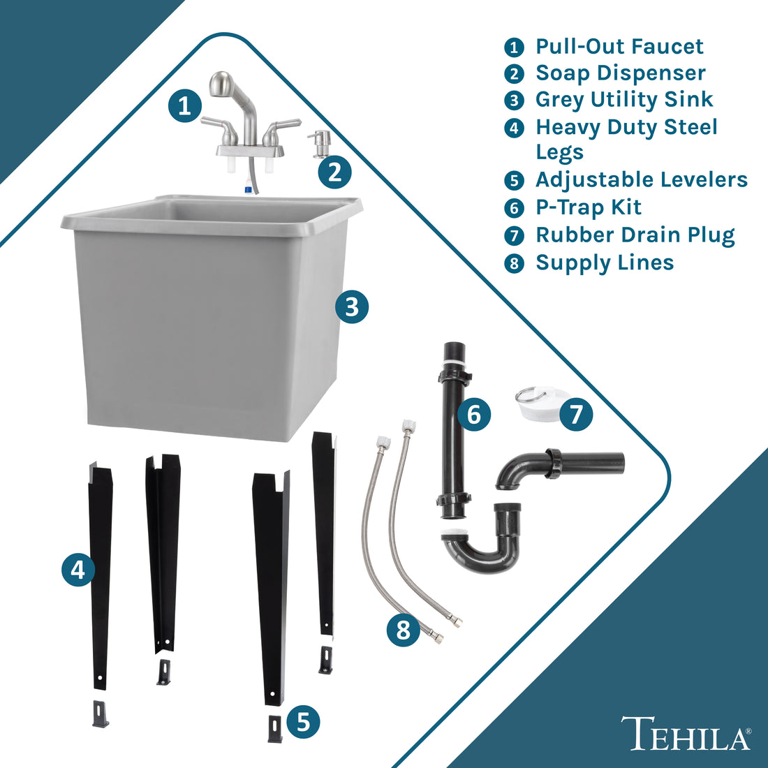 Tehila Space Saver Freestanding Grey Utility Sink with Stainless Steel Finish Pull-Out Faucet - Utility-Sink.com