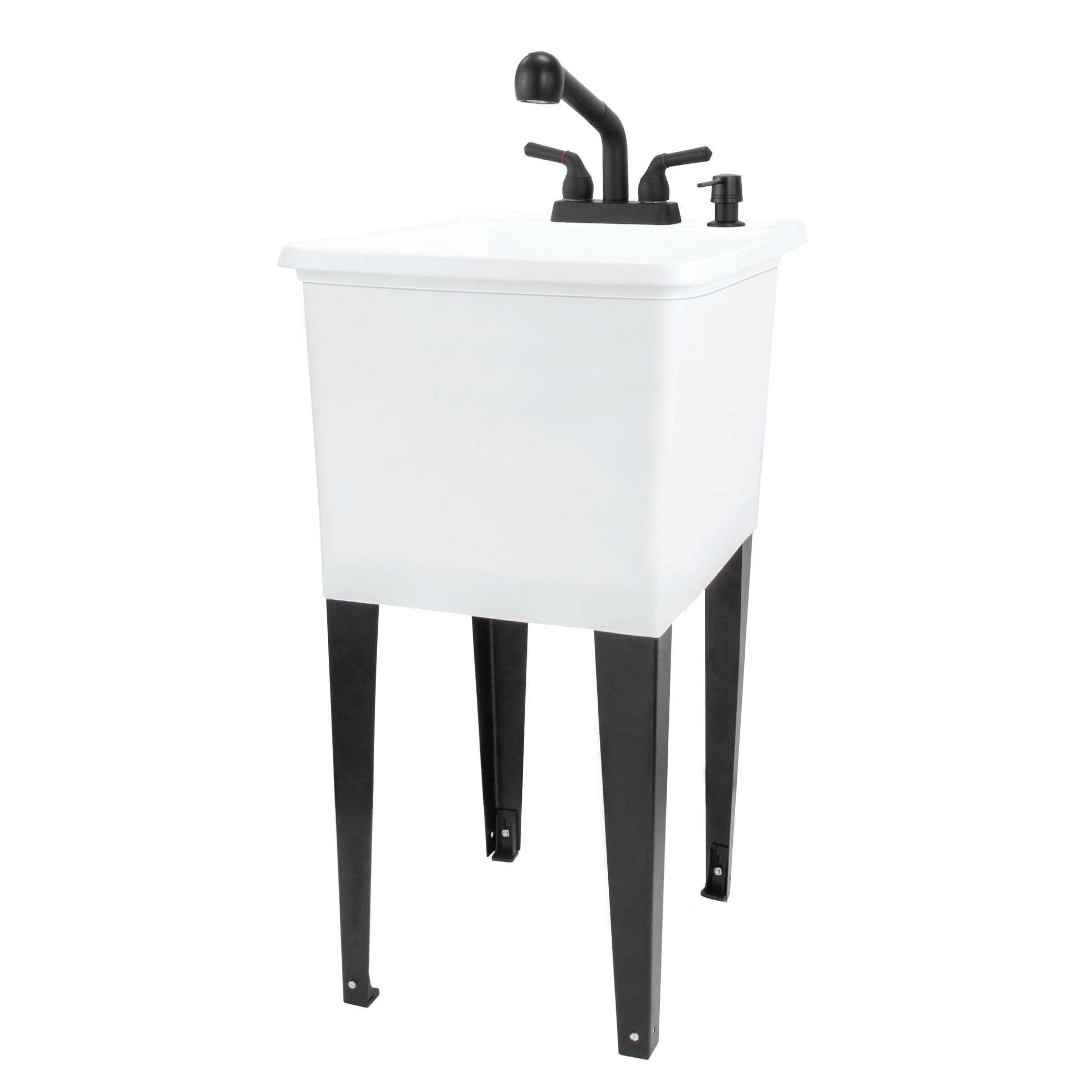 Tehila Space Saver Freestanding White Utility Sink with Black Finish Pull-Out Faucet - Utility-Sink.com