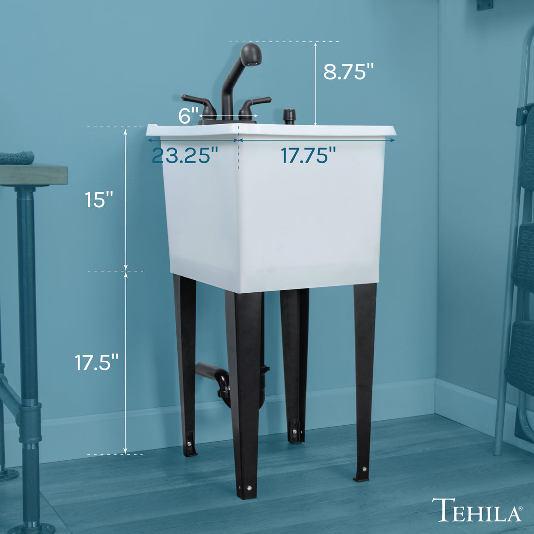 Tehila Space Saver Freestanding White Utility Sink with Black Finish Pull-Out Faucet - Utility-Sink.com