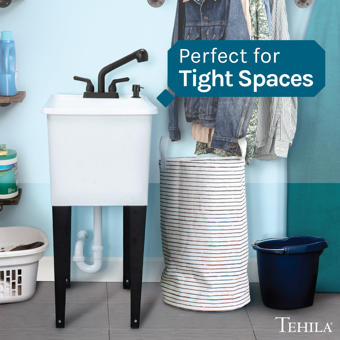 Tehila Space Saver Freestanding White Utility Sink with Black Finish Pull-Out Faucet - Utility-Sink.com