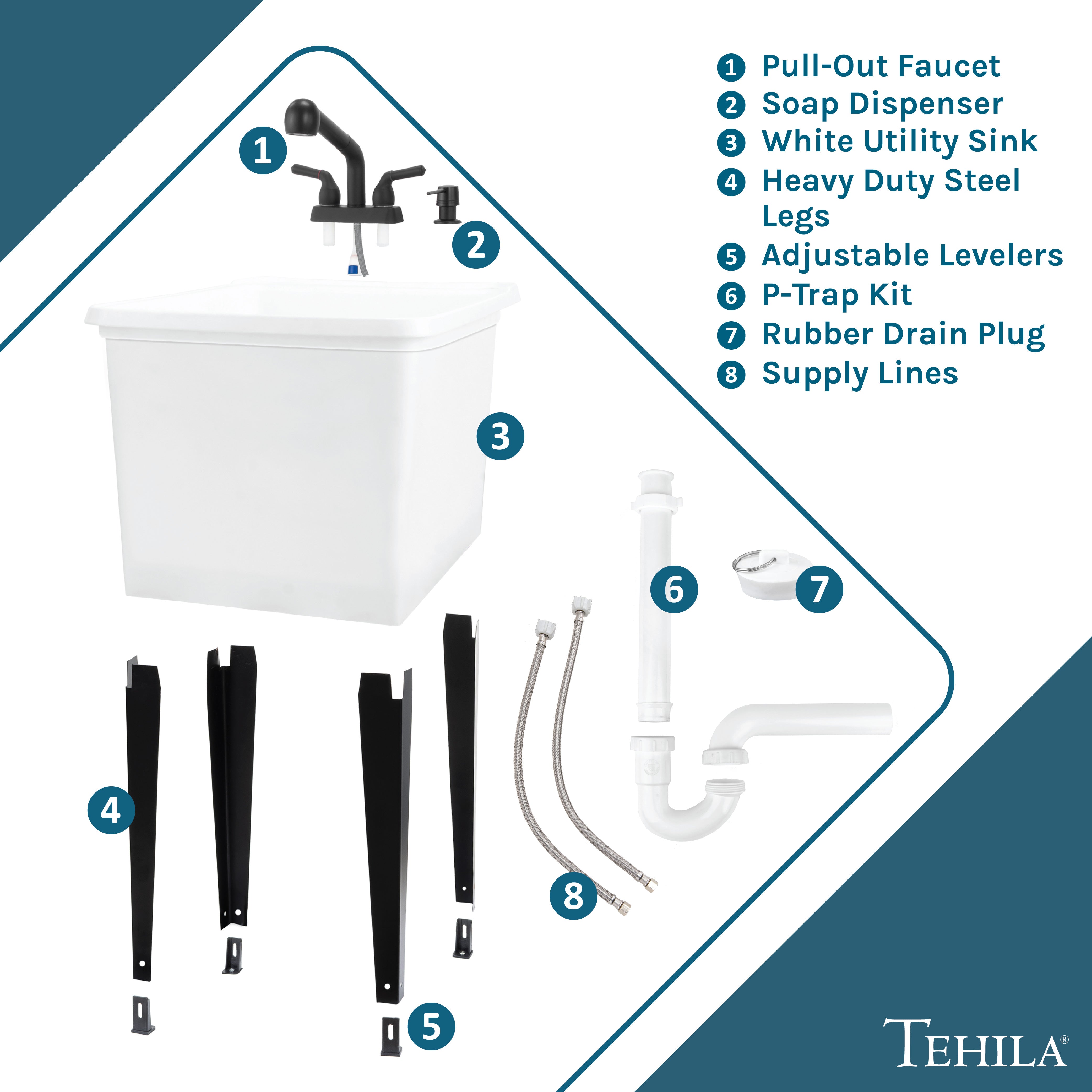 Tehila Space Saver 16 Gallon White Utility Sink with Black
