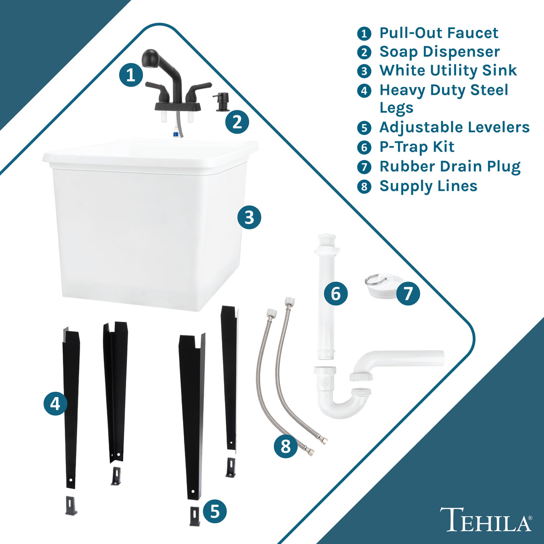 Tehila Space Saver Freestanding White Utility Sink with Black Finish Pull-Out Faucet - Utility-Sink.com
