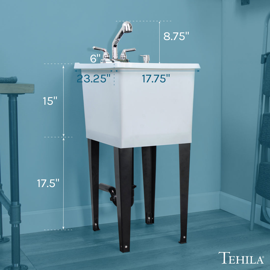 Tehila Space Saver Freestanding White Utility Sink with Chrome Finish Pull-Out Faucet - Utility-Sink.com