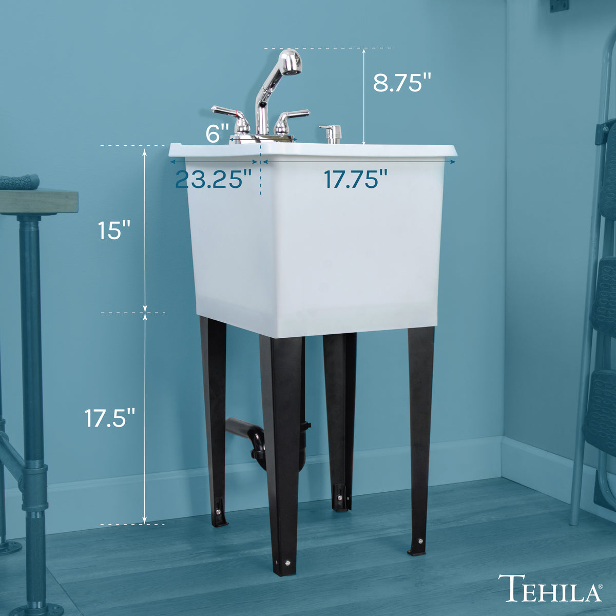 Tehila Space Saver Freestanding White Utility Sink with Chrome Finish Pull-Out Faucet - Utility-Sink.com