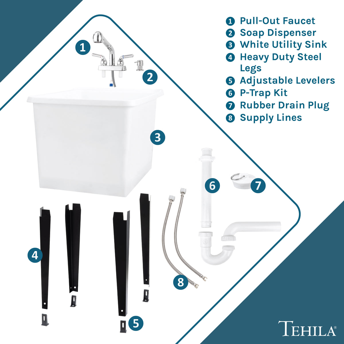 Tehila Space Saver Freestanding White Utility Sink with Chrome Finish Pull-Out Faucet - Utility-Sink.com