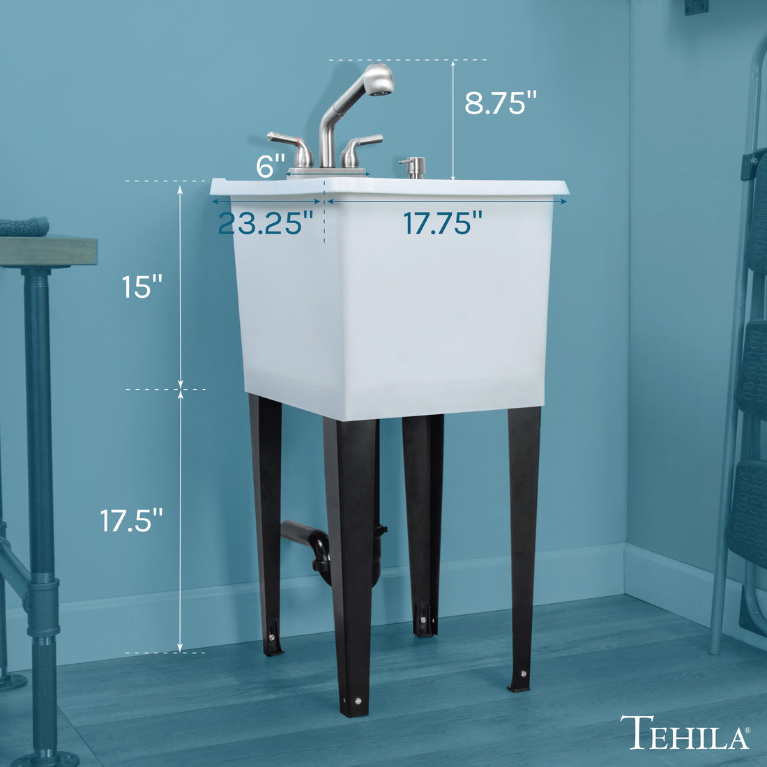 Tehila Space Saver Freestanding White Utility Sink with Stainless Steel Finish Pull-Out Faucet - Utility-Sink.com