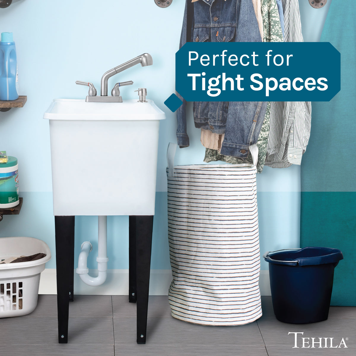 Tehila Space Saver Freestanding White Utility Sink with Stainless Steel Finish Pull-Out Faucet - Utility-Sink.com