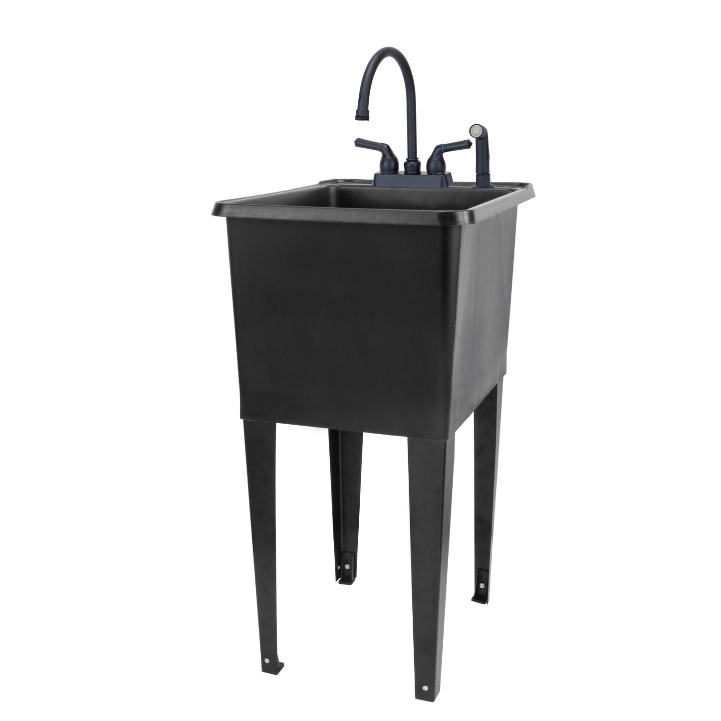 Tehila Space Saver Freestanding Black Utility Sink with Black Finish Gooseneck Faucet and Side Sprayer - Utility-Sink.com