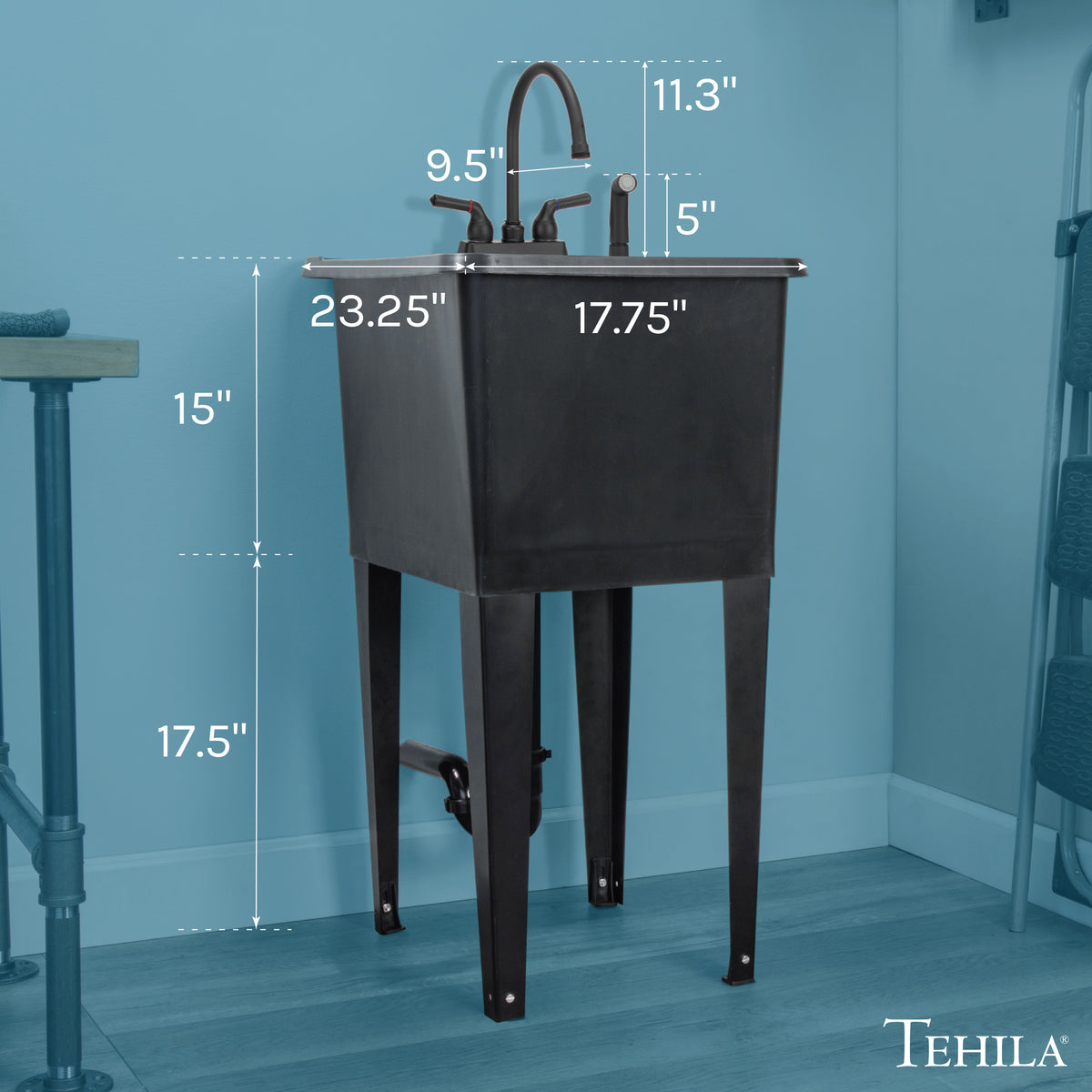 Tehila Space Saver Freestanding Black Utility Sink with Black Finish Gooseneck Faucet and Side Sprayer - Utility-Sink.com