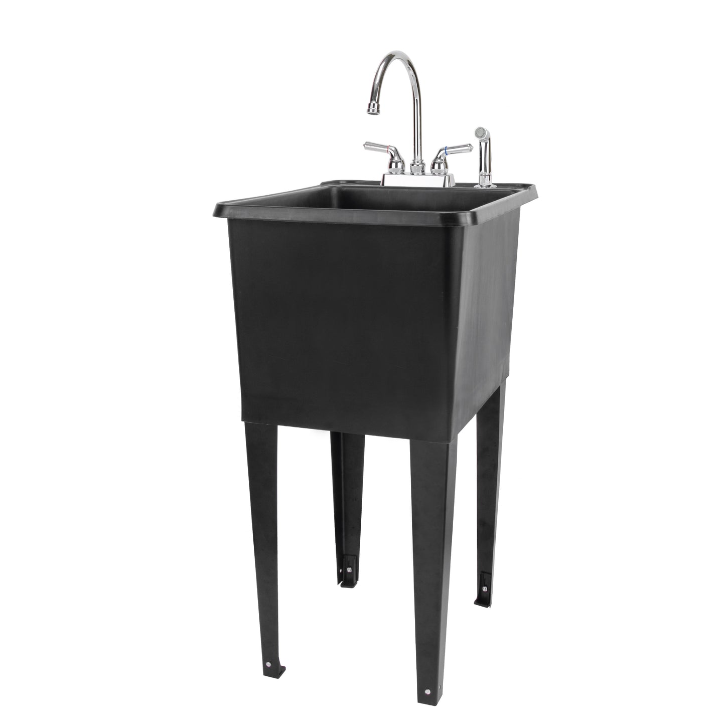 Tehila Space Saver Freestanding Black Utility Sink with Chrome Finish Gooseneck Faucet and Side Sprayer - Utility-Sink.com