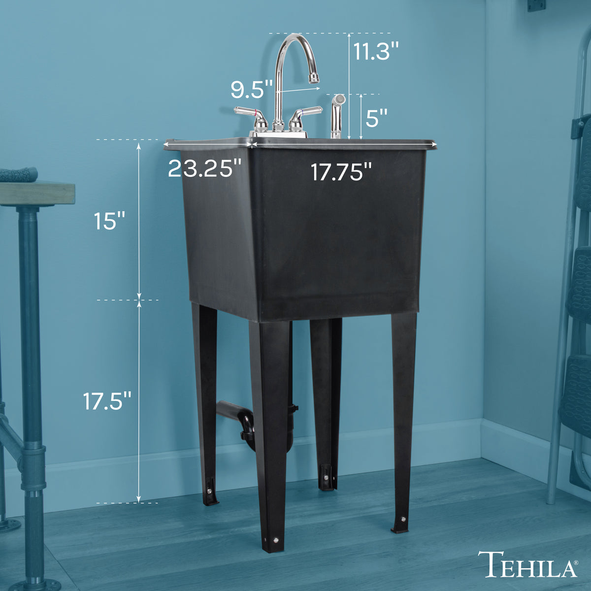 Tehila Space Saver Freestanding Black Utility Sink with Chrome Finish Gooseneck Faucet and Side Sprayer - Utility-Sink.com