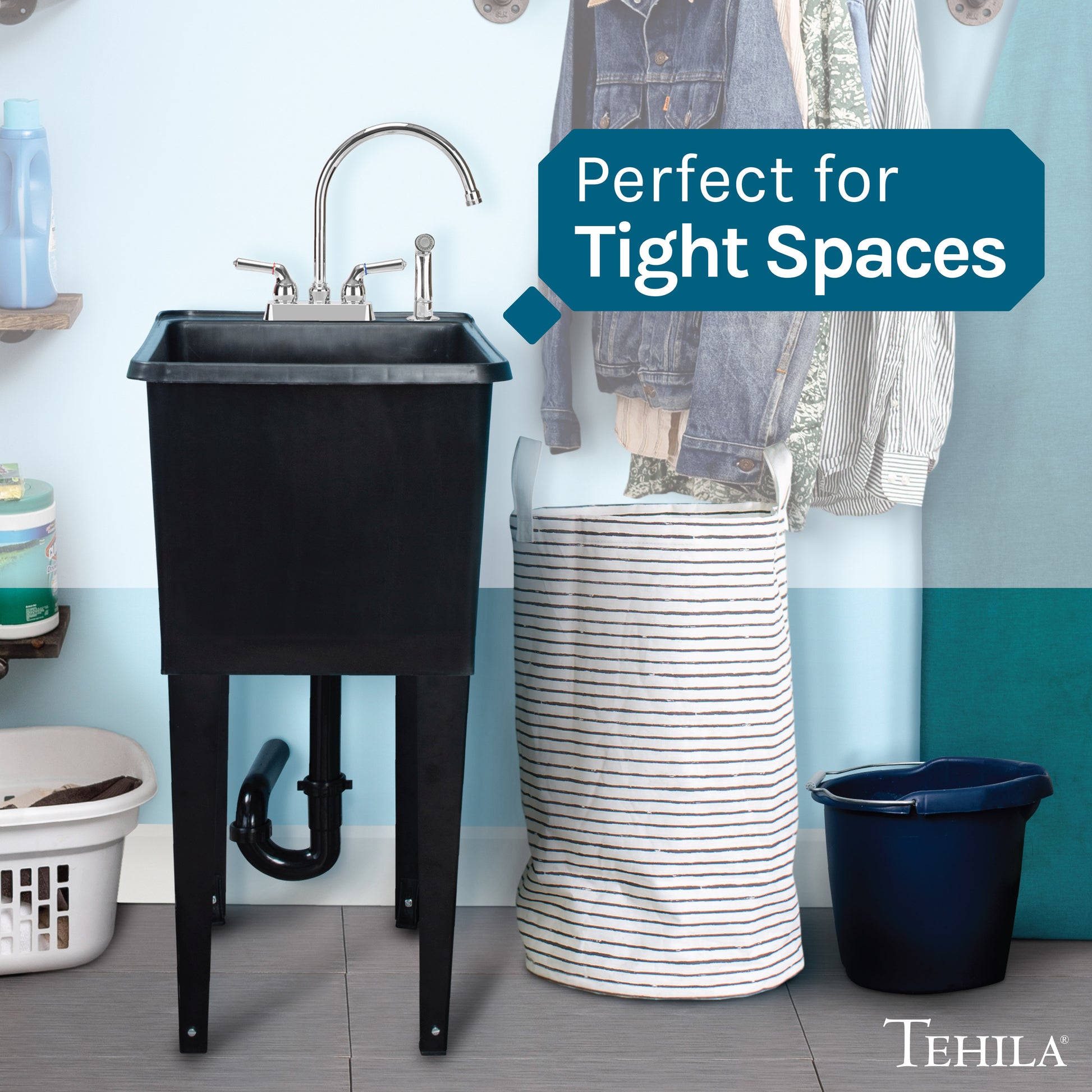 Tehila Space Saver Freestanding Black Utility Sink with Chrome Finish Gooseneck Faucet and Side Sprayer - Utility-Sink.com