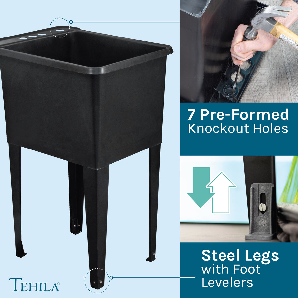 Tehila Space Saver Freestanding Black Utility Sink with Chrome Finish Gooseneck Faucet and Side Sprayer - Utility-Sink.com
