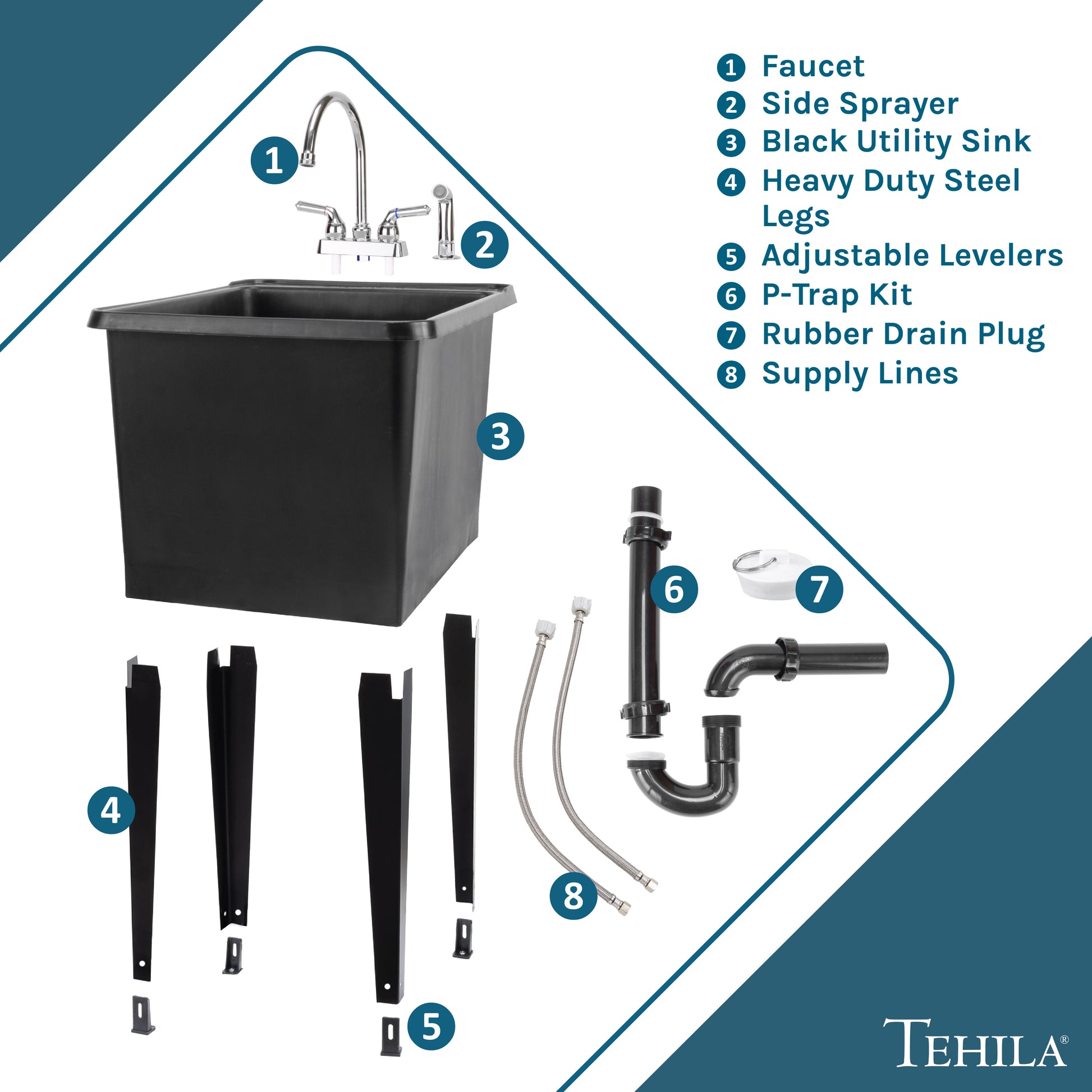 Tehila Space Saver Freestanding Black Utility Sink with Chrome Finish Gooseneck Faucet and Side Sprayer - Utility-Sink.com