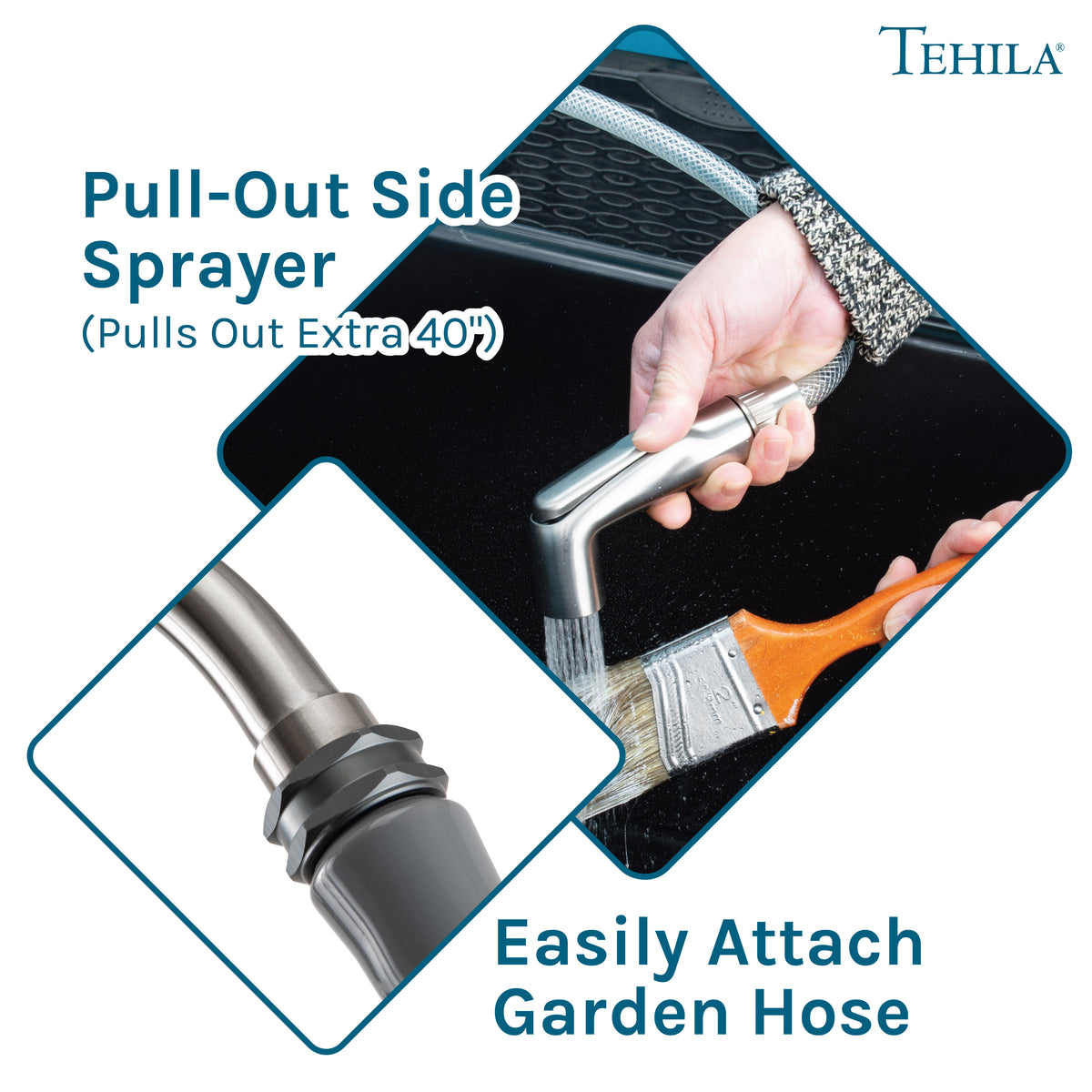 Tehila Space Saver Freestanding Black Utility Sink with Stainless Steel Finish Gooseneck Faucet and Side Sprayer - Utility-Sink.com