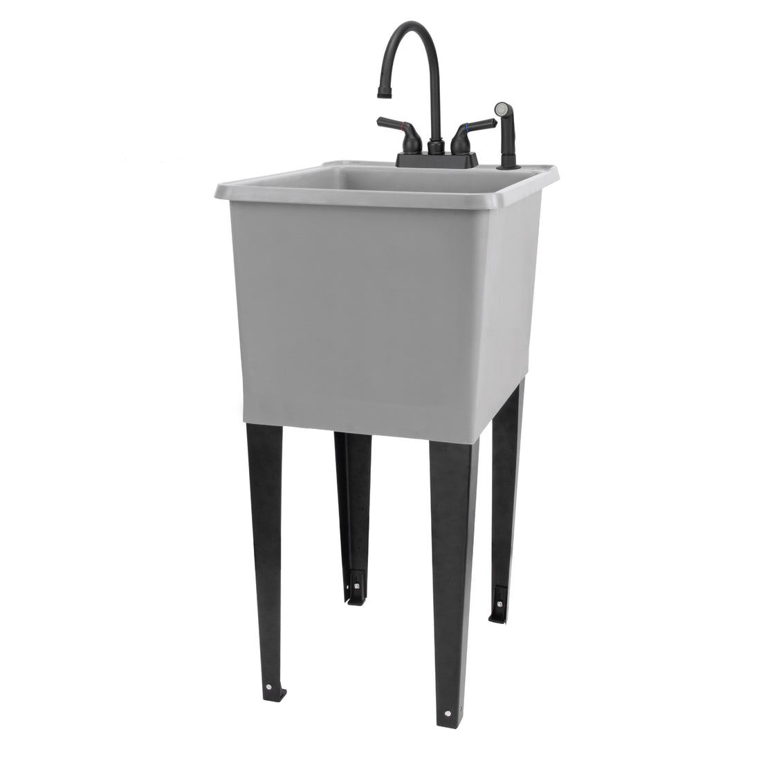 Tehila Space Saver Freestanding Grey Utility Sink with Black Finish Gooseneck Faucet and Side Sprayer - Utility-Sink.com