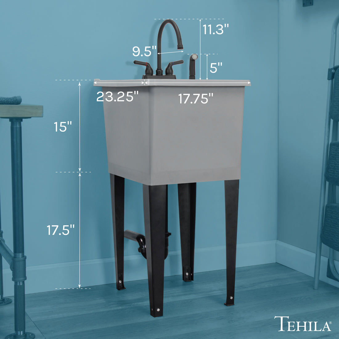 Tehila Space Saver Freestanding Grey Utility Sink with Black Finish Gooseneck Faucet and Side Sprayer - Utility-Sink.com