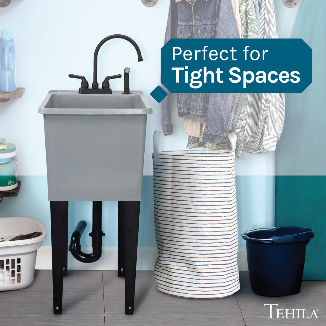 Tehila Space Saver Freestanding Grey Utility Sink with Black Finish Gooseneck Faucet and Side Sprayer - Utility-Sink.com