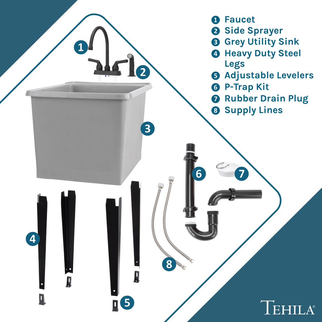 Tehila Space Saver Freestanding Grey Utility Sink with Black Finish Gooseneck Faucet and Side Sprayer - Utility-Sink.com