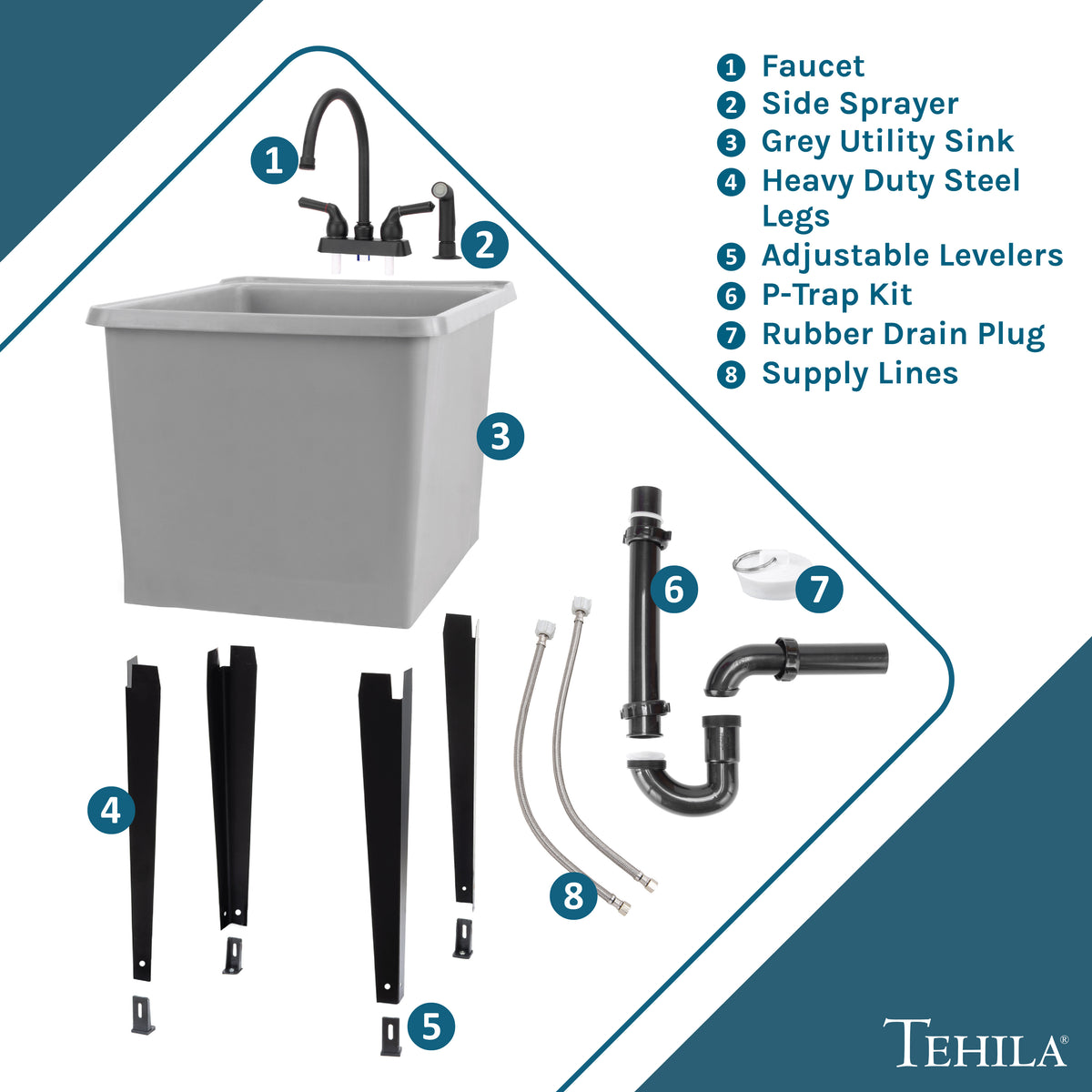 Tehila Space Saver Freestanding Grey Utility Sink with Black Finish Gooseneck Faucet and Side Sprayer - Utility-Sink.com
