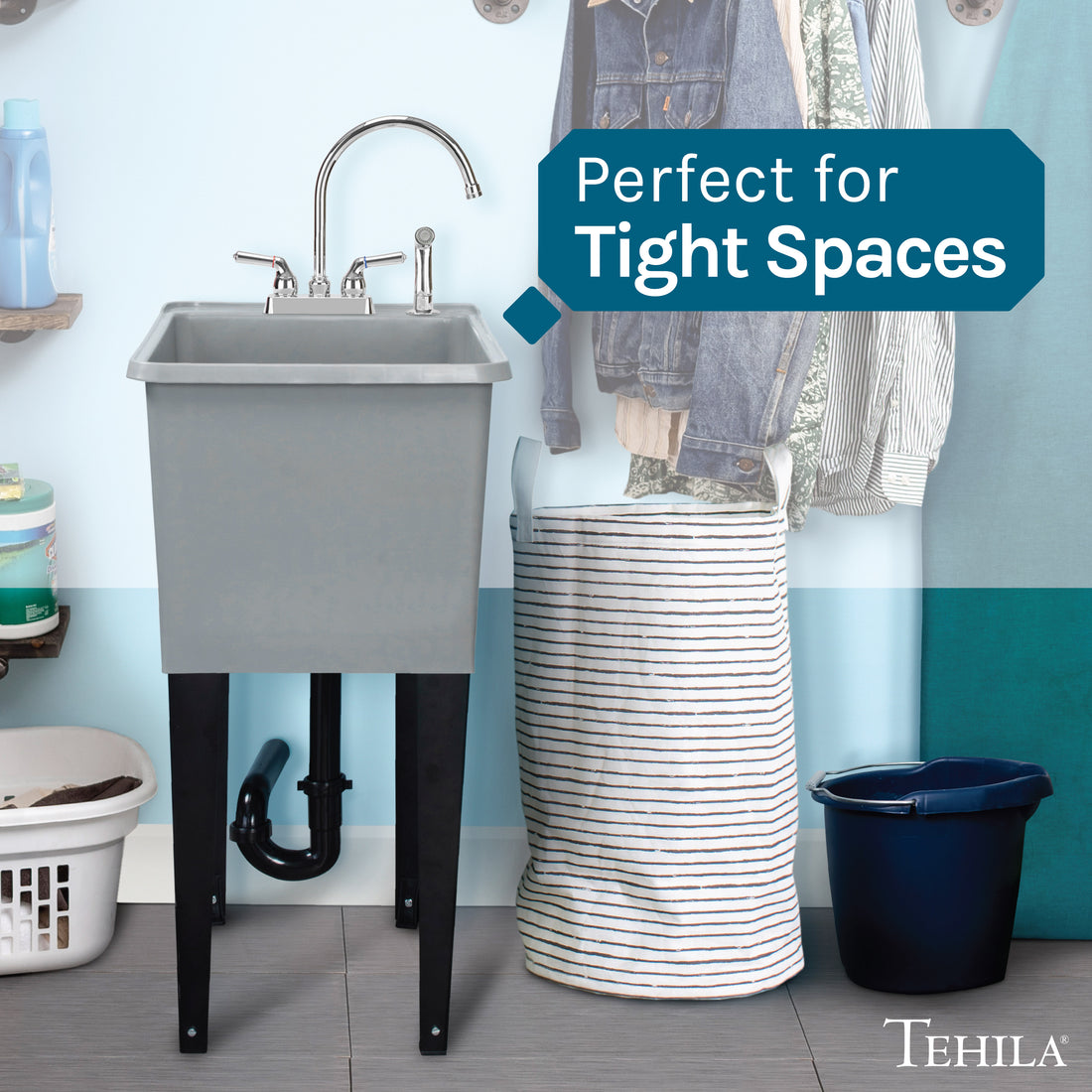 Tehila Space Saver Freestanding Grey Utility Sink with Chrome Finish Gooseneck Faucet and Side Sprayer - Utility-Sink.com