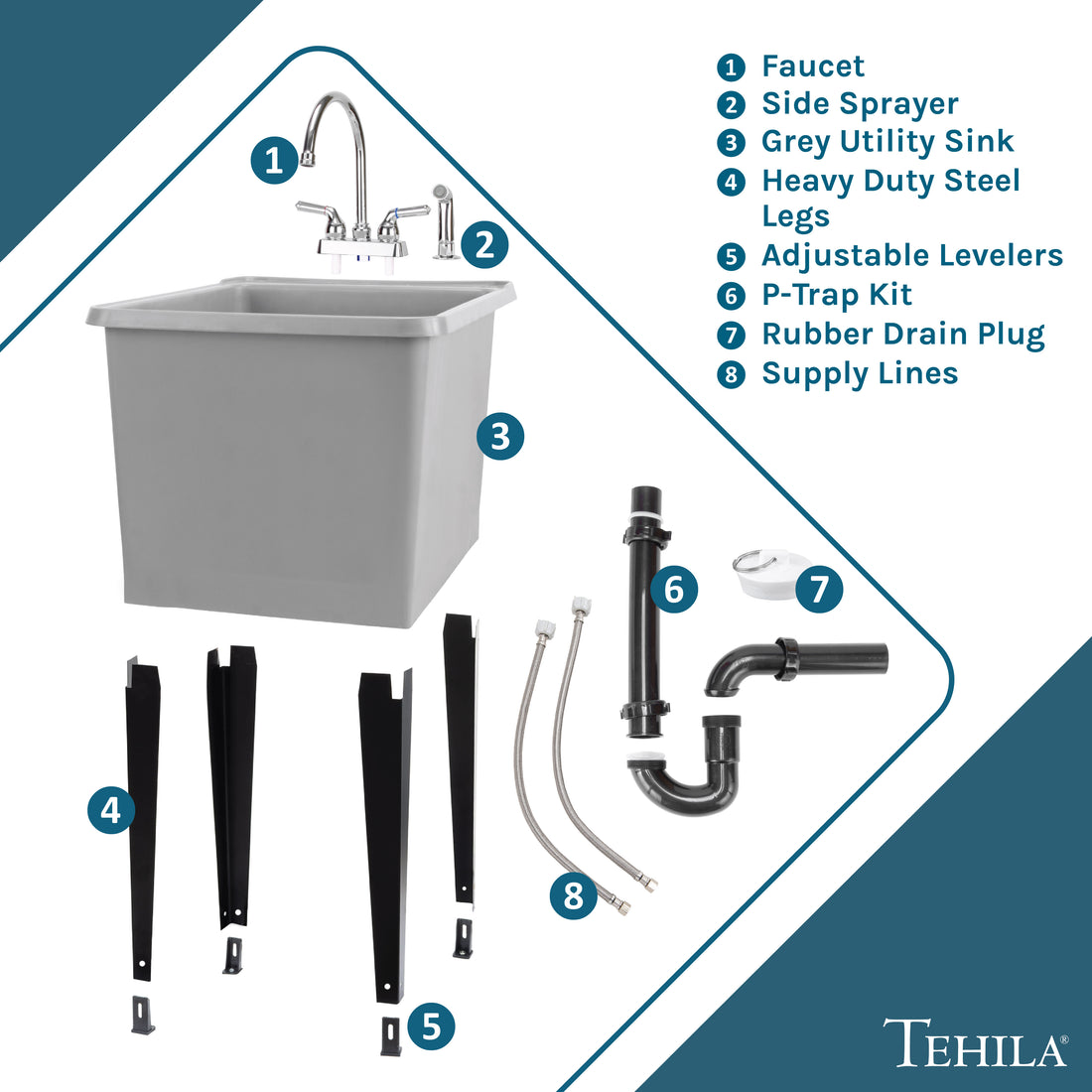 Tehila Space Saver Freestanding Grey Utility Sink with Chrome Finish Gooseneck Faucet and Side Sprayer - Utility-Sink.com