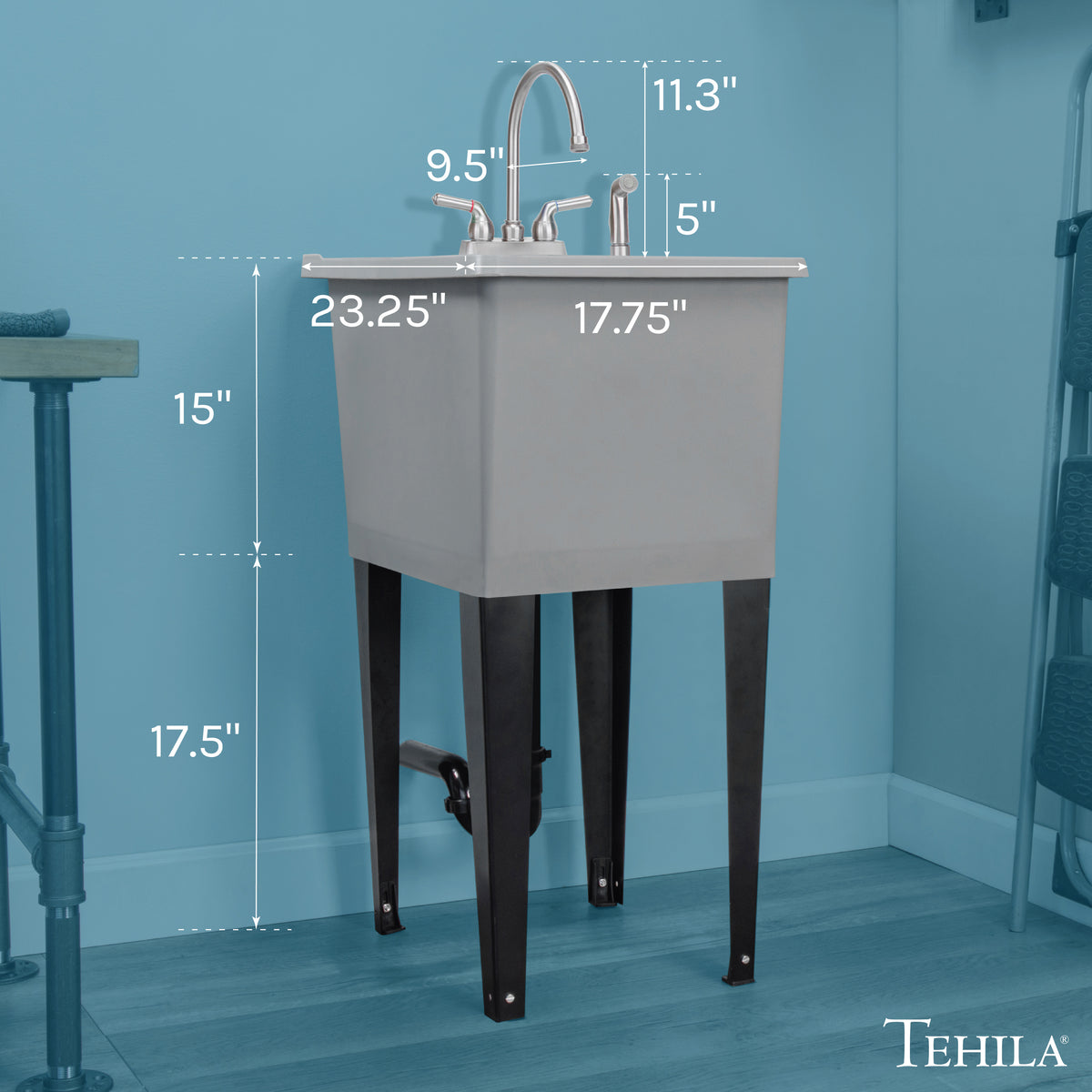 Tehila Space Saver Freestanding Grey Utility Sink with Stainless Steel Finish Gooseneck Faucet and Side Sprayer - Utility-Sink.com