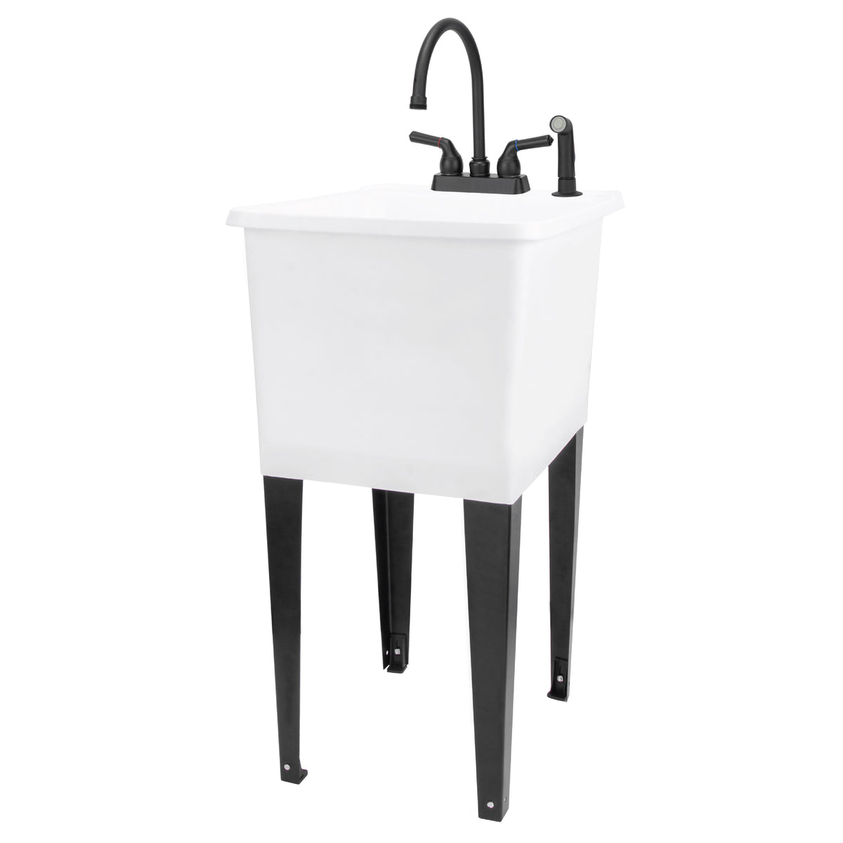 Tehila Space Saver Freestanding White Utility Sink with Black Finish Gooseneck Faucet and Side Sprayer - Utility-Sink.com