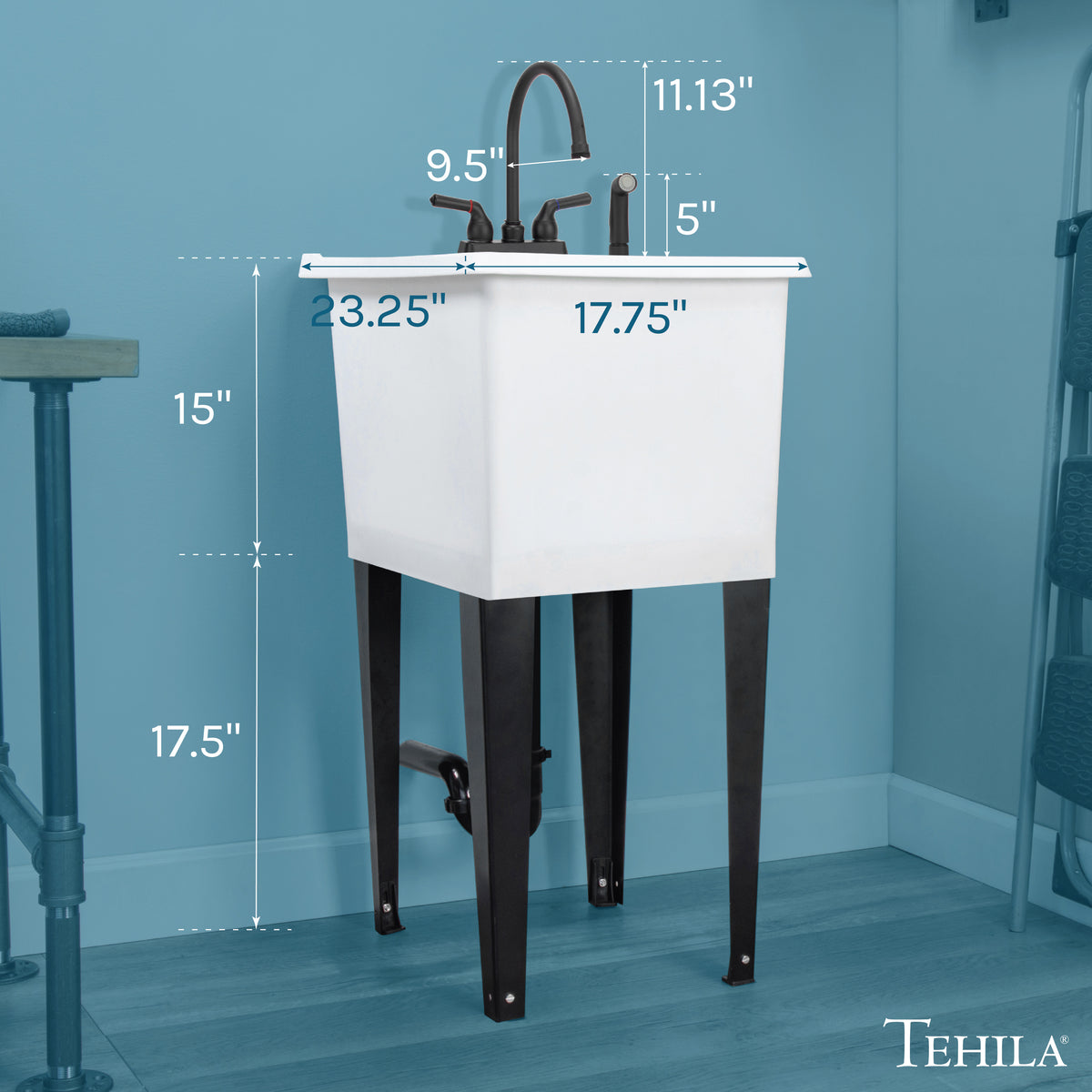 Tehila Space Saver Freestanding White Utility Sink with Black Finish Gooseneck Faucet and Side Sprayer - Utility-Sink.com
