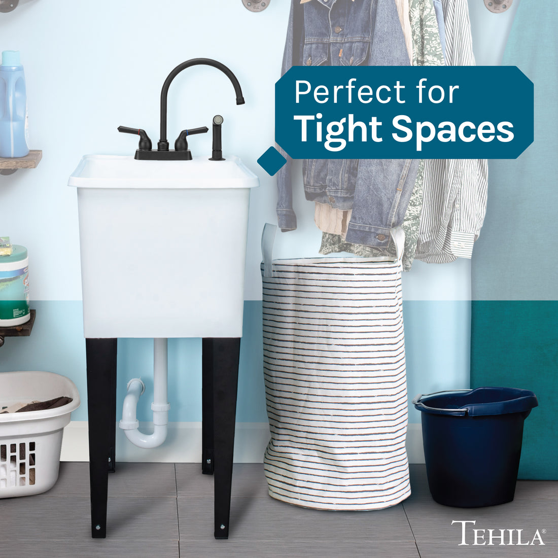 Tehila Space Saver Freestanding White Utility Sink with Black Finish Gooseneck Faucet and Side Sprayer - Utility-Sink.com