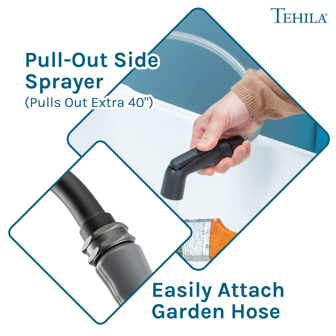 Tehila Space Saver Freestanding White Utility Sink with Black Finish Gooseneck Faucet and Side Sprayer - Utility-Sink.com