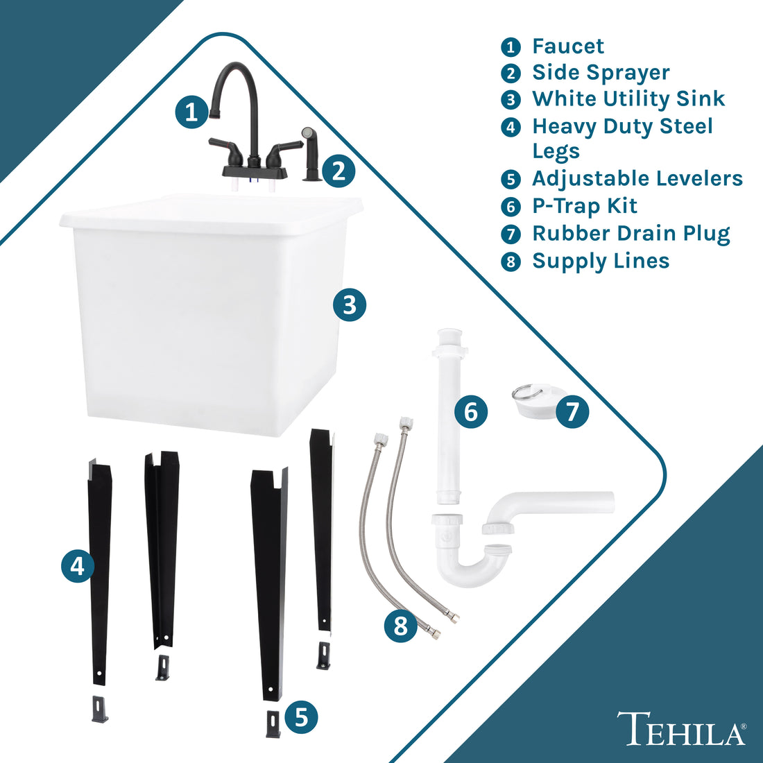 Tehila Space Saver Freestanding White Utility Sink with Black Finish Gooseneck Faucet and Side Sprayer - Utility-Sink.com