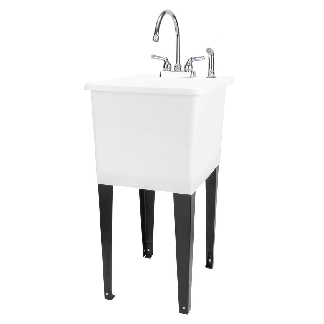 Tehila Space Saver Freestanding White Utility Sink with Chrome Finish Gooseneck Faucet and Side Sprayer - Utility-Sink.com