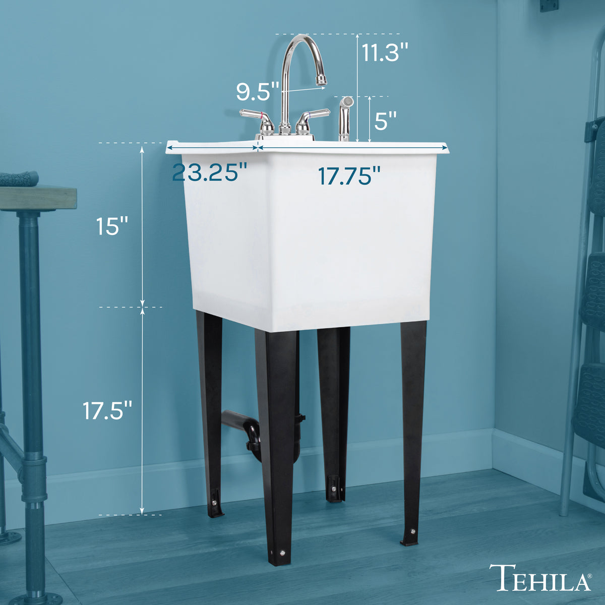 Tehila Space Saver Freestanding White Utility Sink with Chrome Finish Gooseneck Faucet and Side Sprayer - Utility-Sink.com