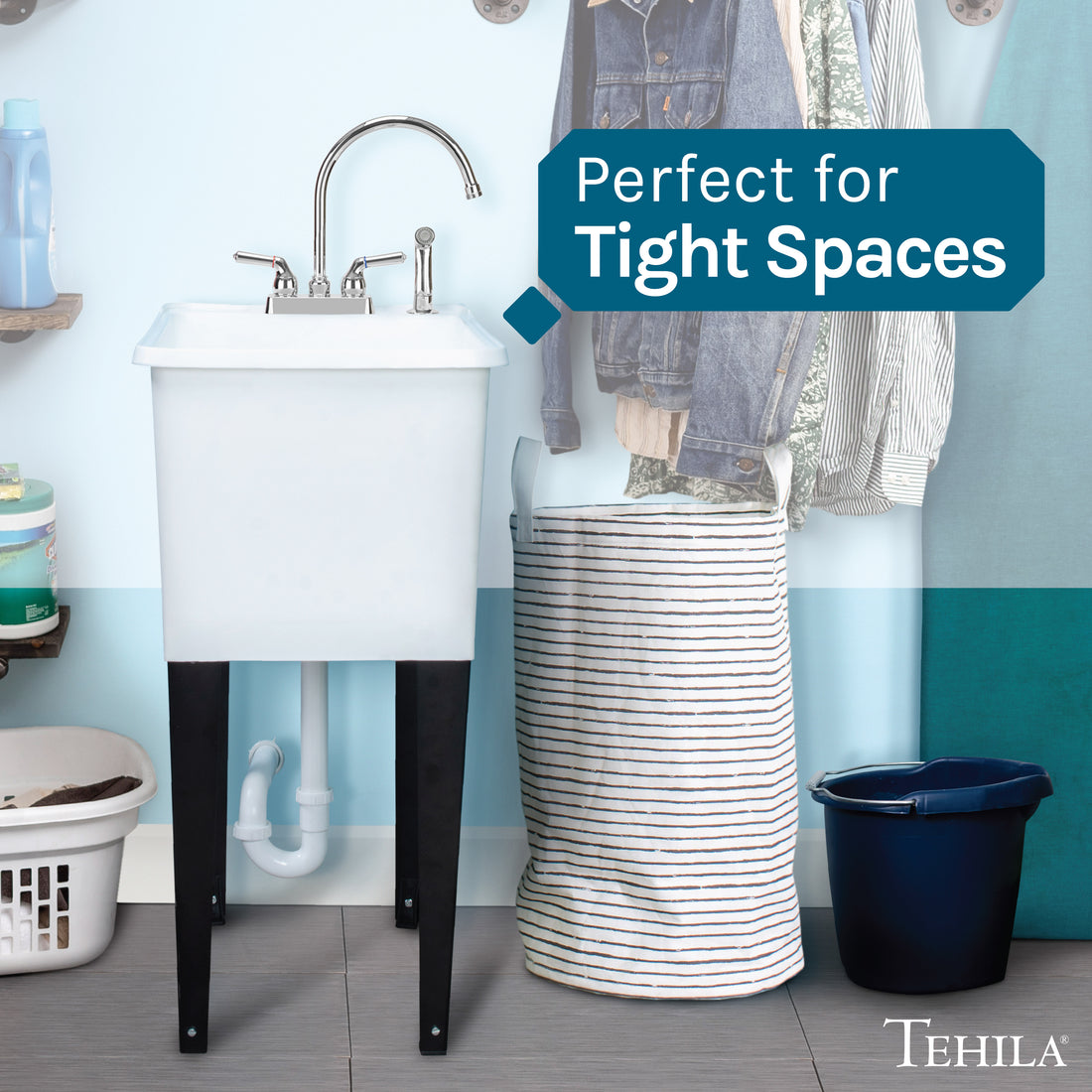 Tehila Space Saver Freestanding White Utility Sink with Chrome Finish Gooseneck Faucet and Side Sprayer - Utility-Sink.com