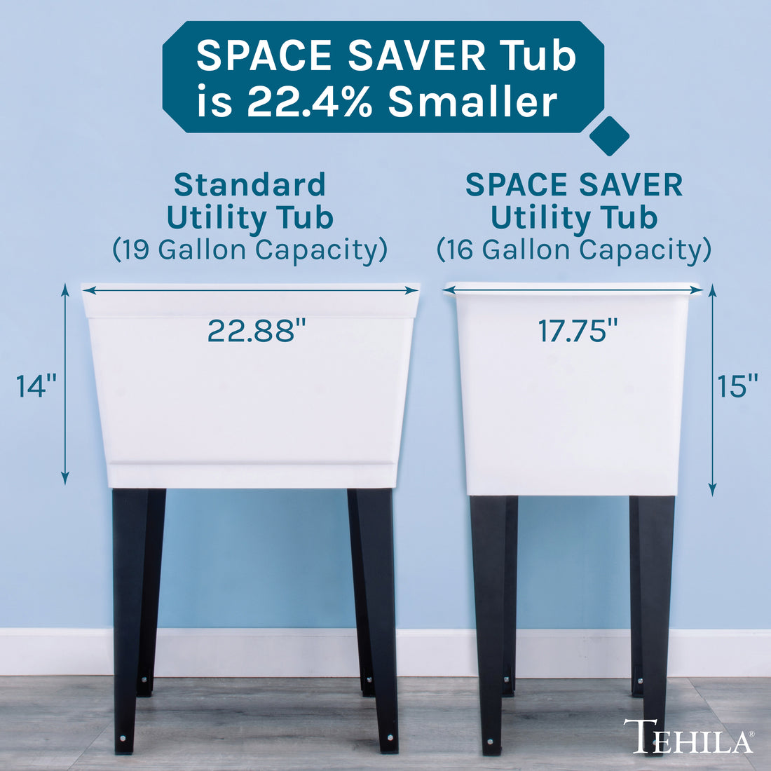 Tehila Space Saver Freestanding White Utility Sink with Chrome Finish Gooseneck Faucet and Side Sprayer - Utility-Sink.com