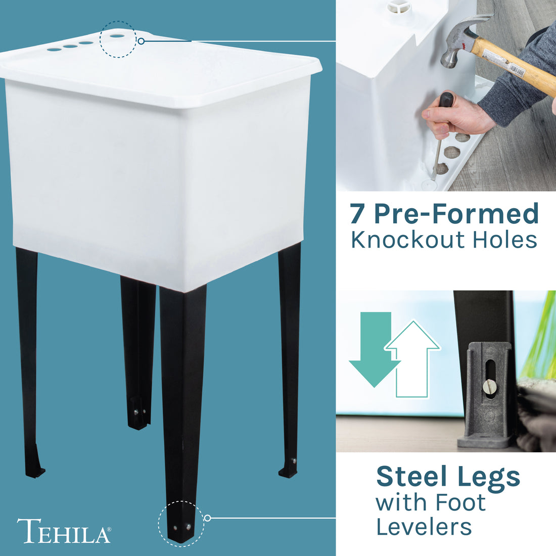 Tehila Space Saver Freestanding White Utility Sink with Chrome Finish Gooseneck Faucet and Side Sprayer - Utility-Sink.com