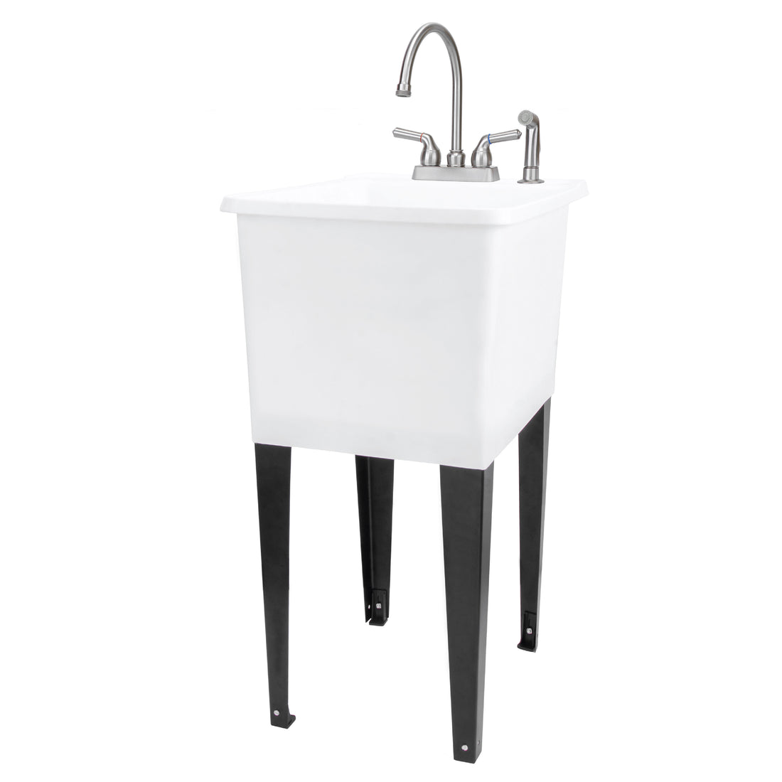 Tehila Space Saver Freestanding White Utility Sink with Stainless Steel Finish Gooseneck Faucet and Side Sprayer - Utility-Sink.com