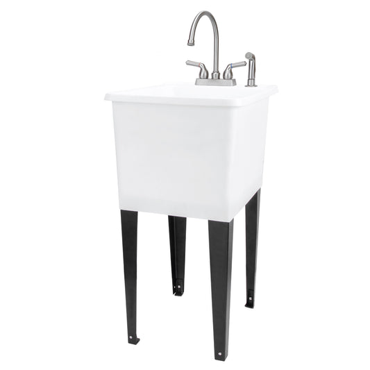 Tehila Space Saver Freestanding White Utility Sink with Stainless Steel Finish Gooseneck Faucet and Side Sprayer - Utility-Sink.com