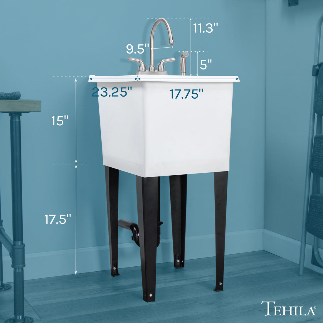 Tehila Space Saver Freestanding White Utility Sink with Stainless Steel Finish Gooseneck Faucet and Side Sprayer - Utility-Sink.com