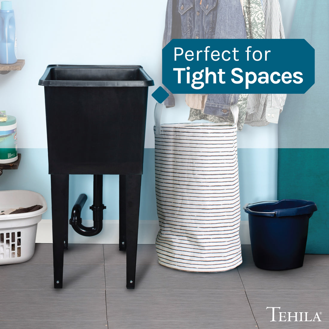 Tehila Space Saver Freestanding Black Utility Sink - Utility-Sink.com